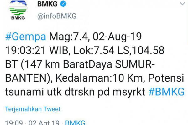 Banten Diguncang Gempa 7,4 SR, Potensi Tsunami